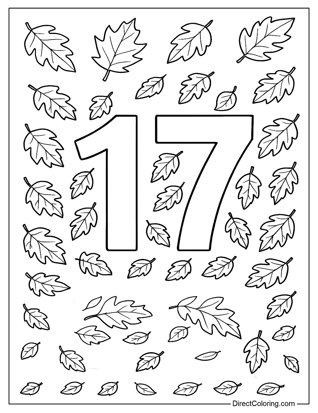 number 17 coloring page with 17 autumn leaves around